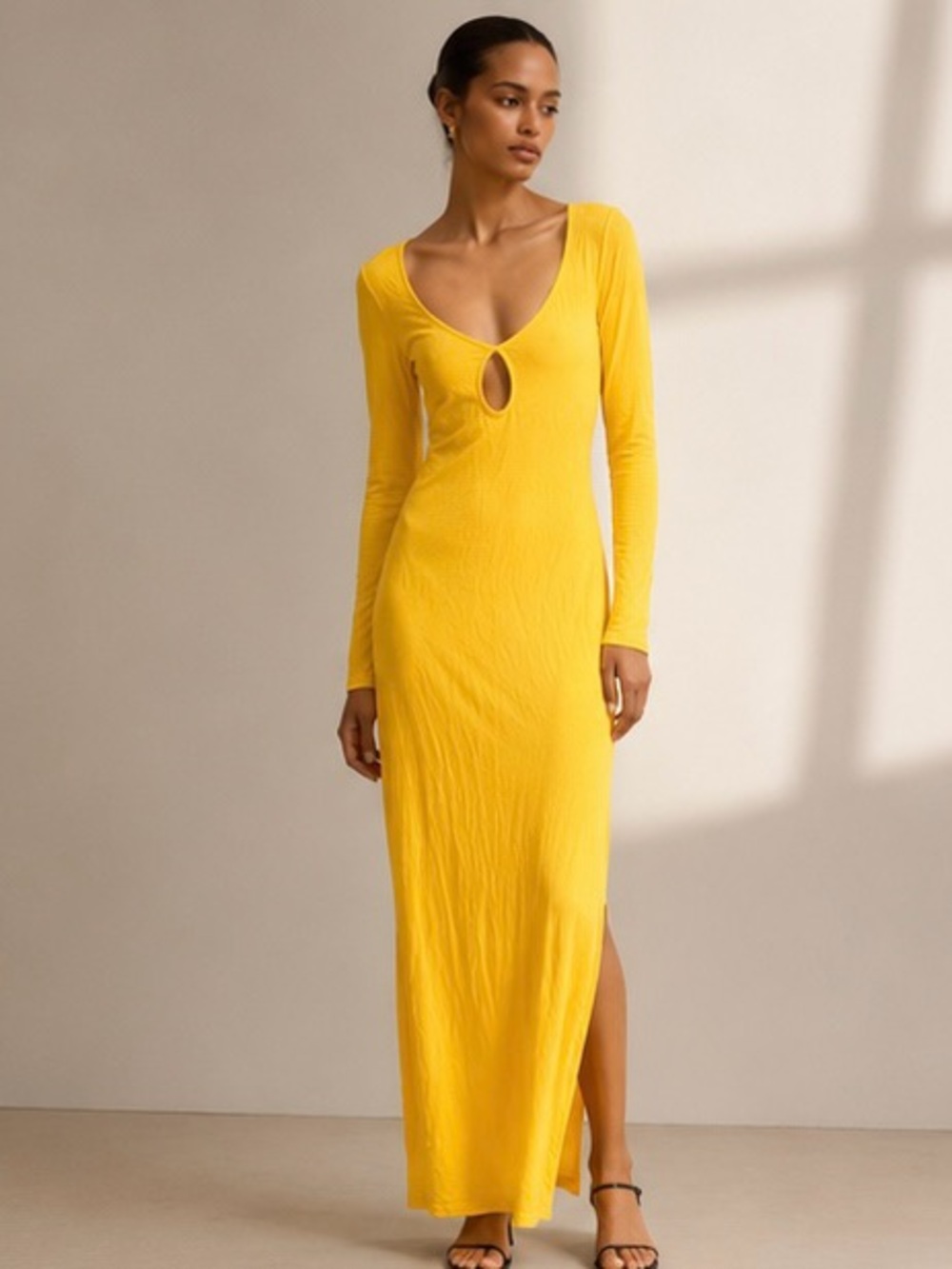 Boohoo Yellow Long Sleeve Cutout Maxi Dress